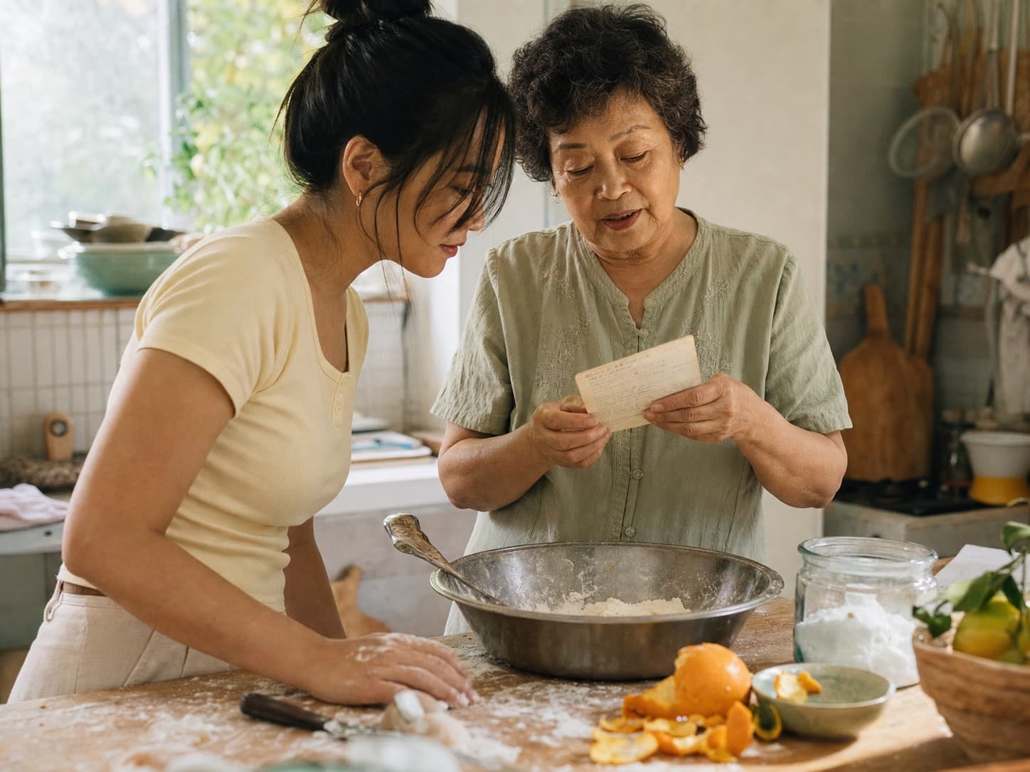 A mother and daughter reading a family recipe together while baking