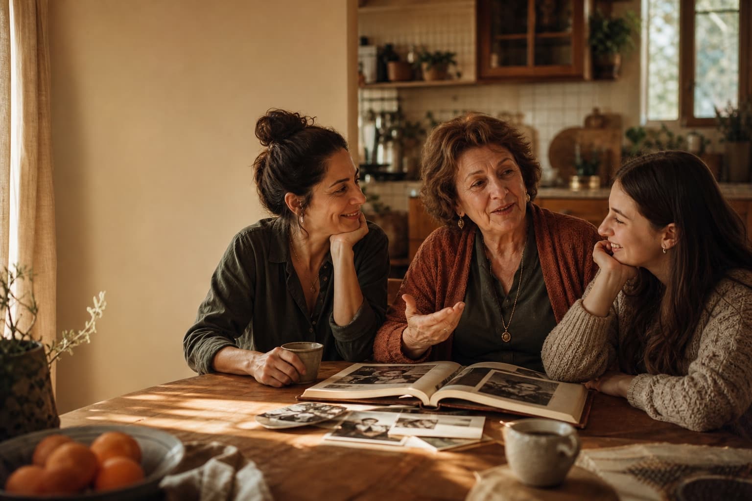 Three generations sharing family photographs around a sunlit kitchen table